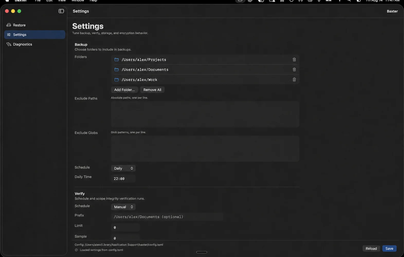 Baxter backup settings for folders, scheduling, and verification