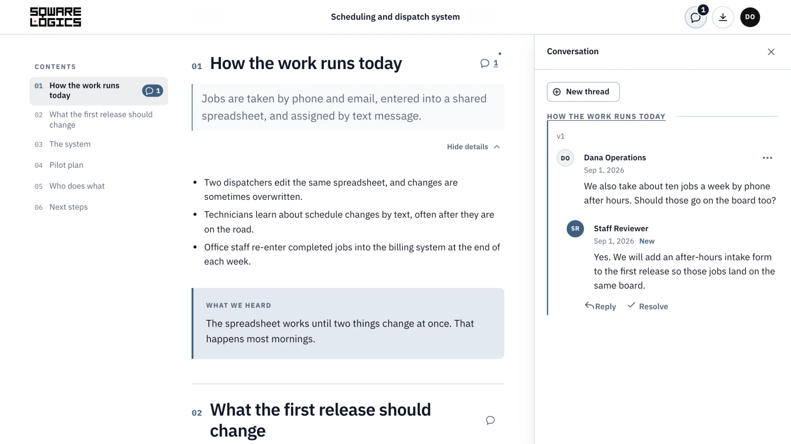Client portal showing a proposal section with a client question and our reply beside it