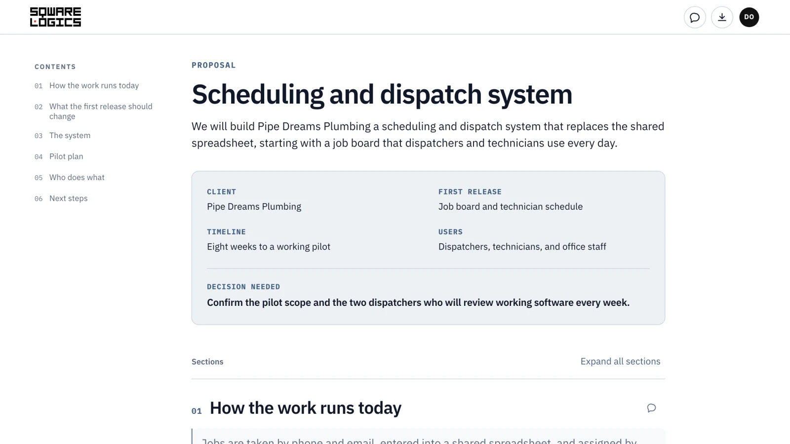 Client portal showing a sample proposal with its summary and contents