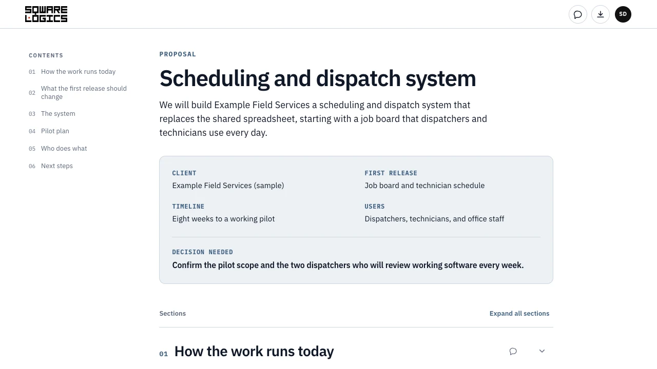 Client portal showing a sample proposal with its summary and contents