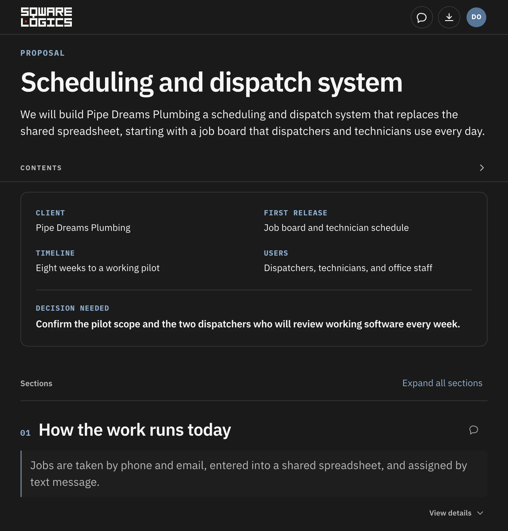 Client portal showing a sample proposal for a scheduling and dispatch system