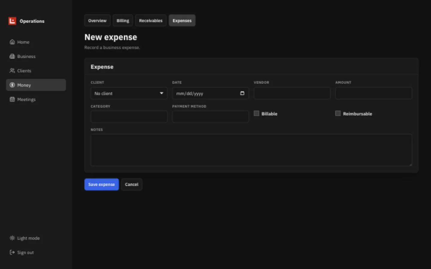 Operations workflow for recording a business expense