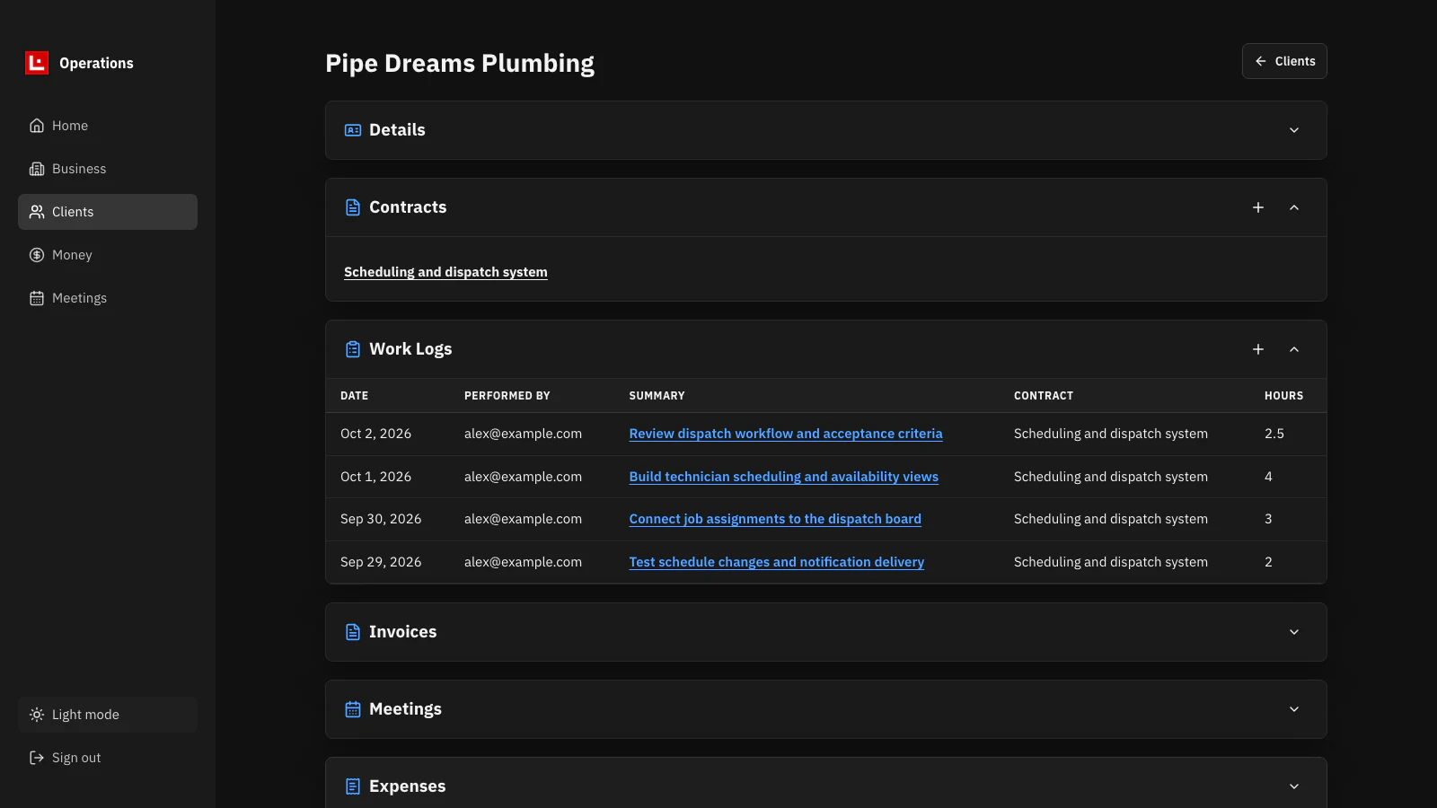 SL Operations client workspace showing a sample contract and work logs