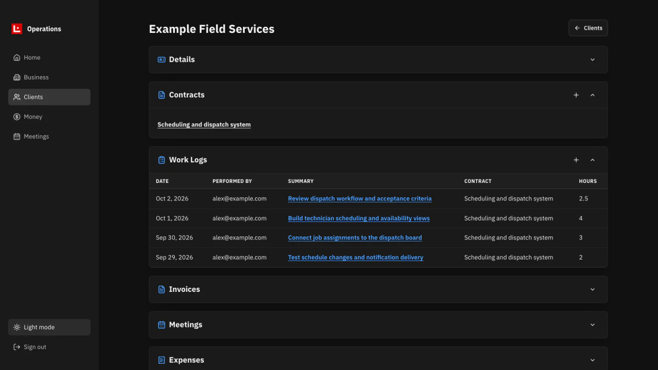 SL Operations client workspace showing a sample contract and work logs