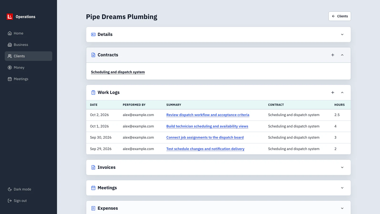 SL Operations client workspace showing a sample contract and work logs