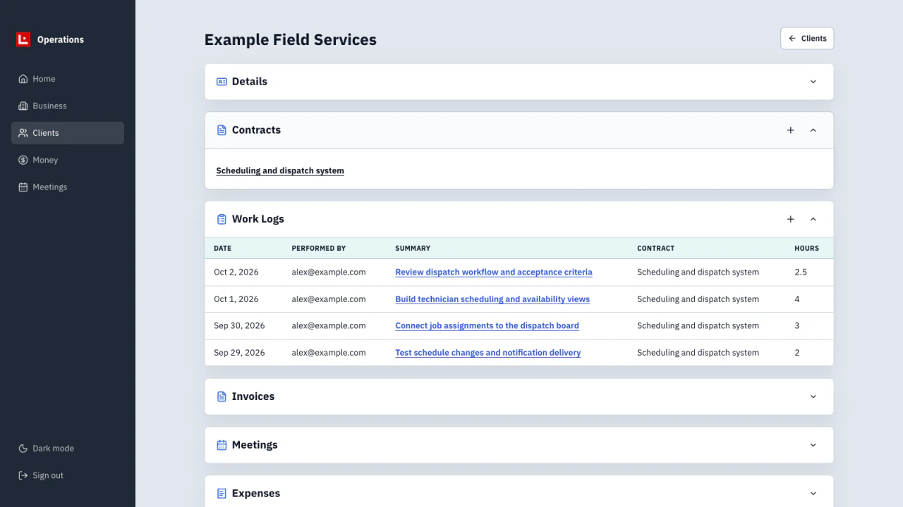 SL Operations client workspace showing a sample contract and work logs