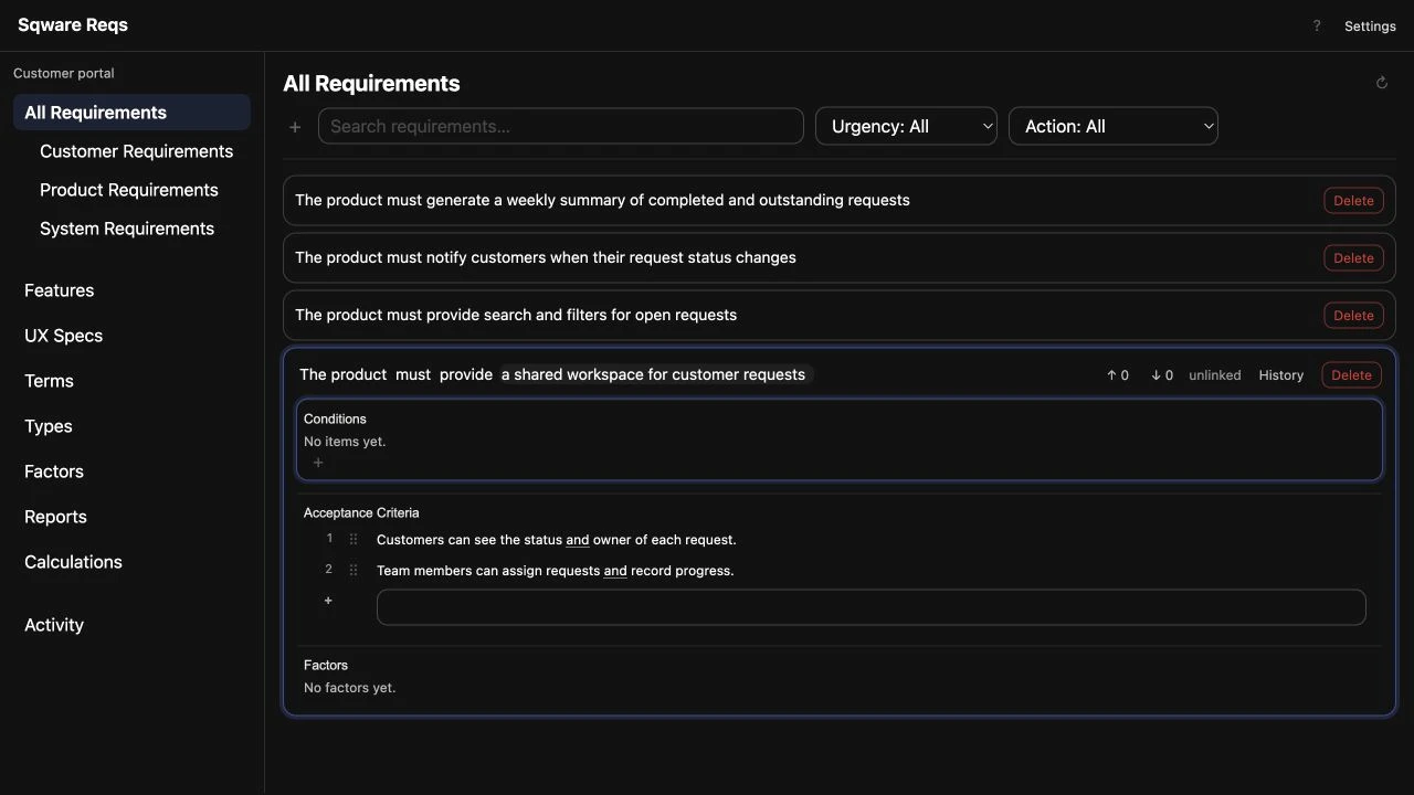Sqware Reqs workspace with product requirements and acceptance criteria