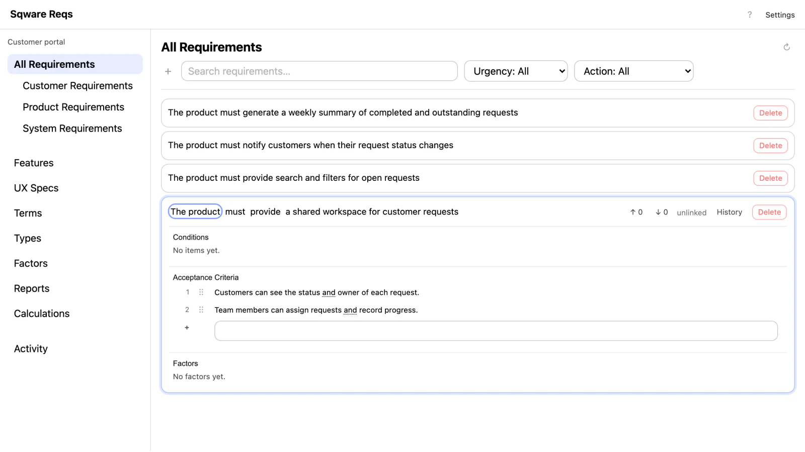 Requirements workspace with product requirements and acceptance criteria