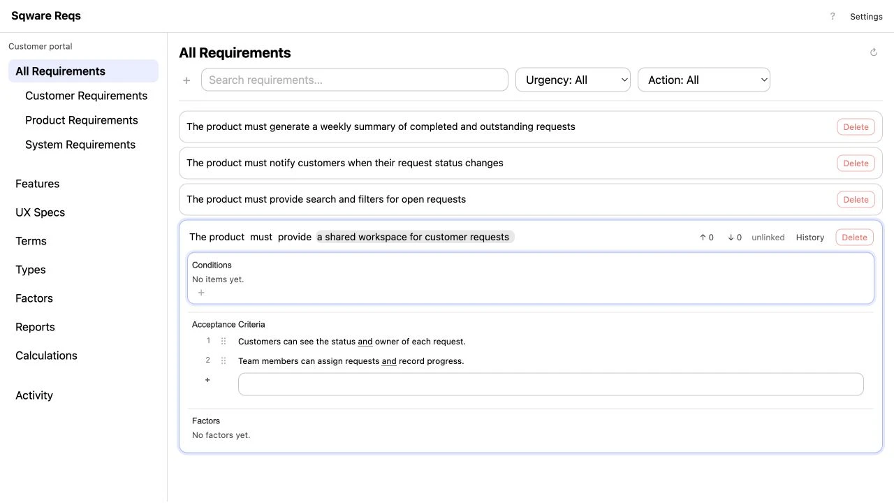 Sqware Reqs workspace with product requirements and acceptance criteria